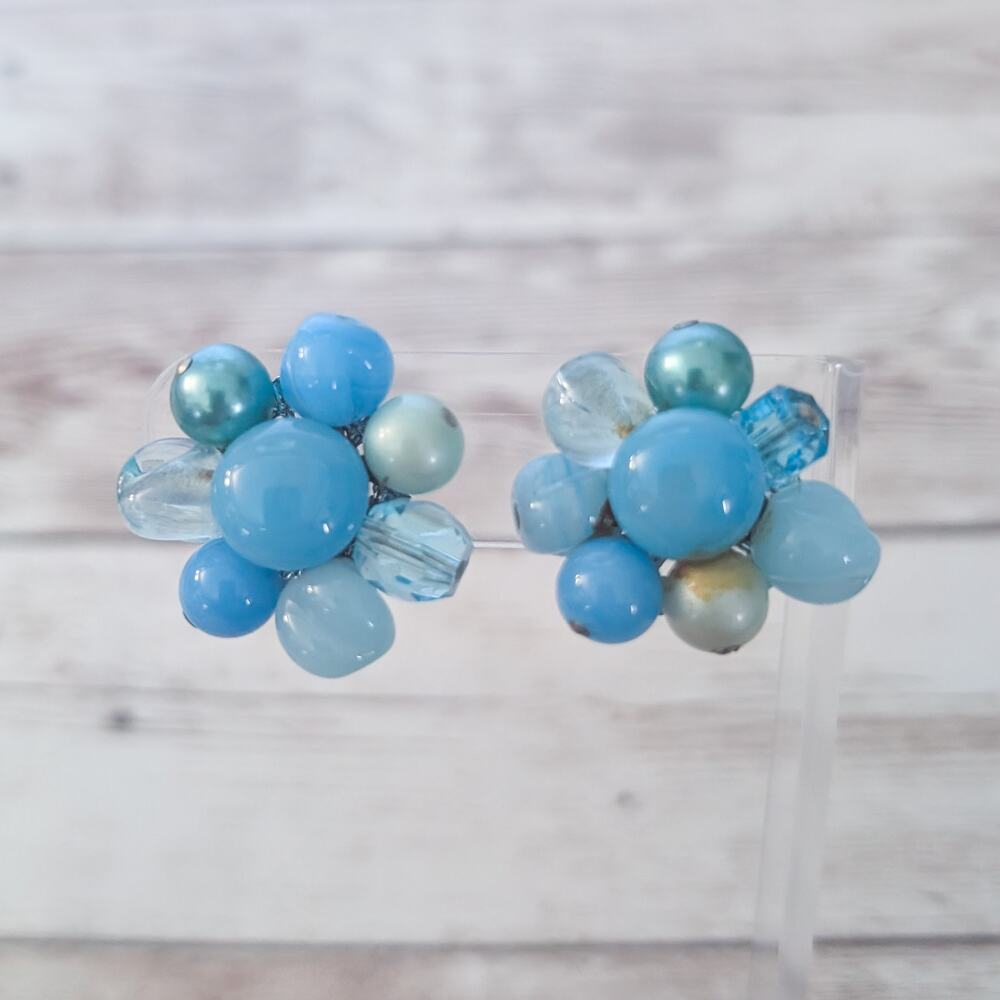 Vintage Clip On Earrings Blue Cluster - Condition Issues